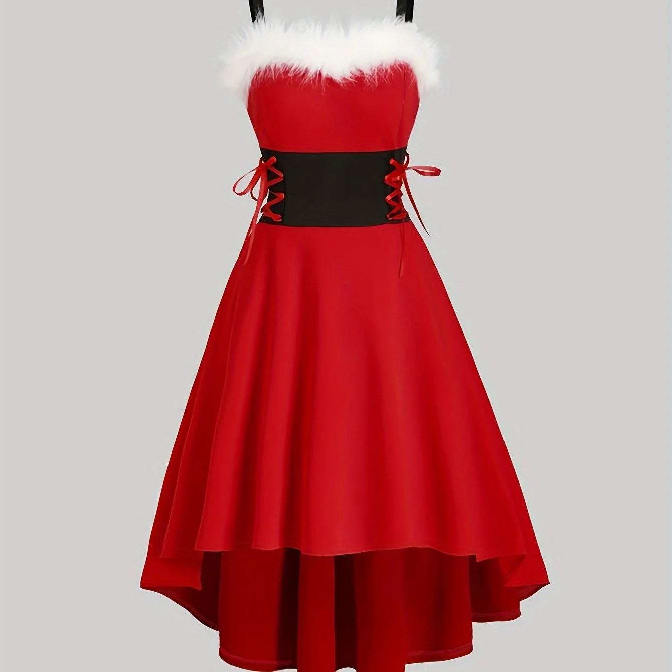 Christmas Faux Fur Trim Cami Dress, Lace Up High-low Backless Dress, Women's Clothing - Deanwangkt