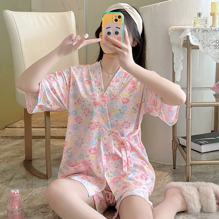 deanwangkt Summer Short pink Pajamas For Women Cute Girl Sleepwear Kimono Pajama Sets Pyjamas Casual Sleepwear Homewear Lounge Fashion - Deanwangkt
