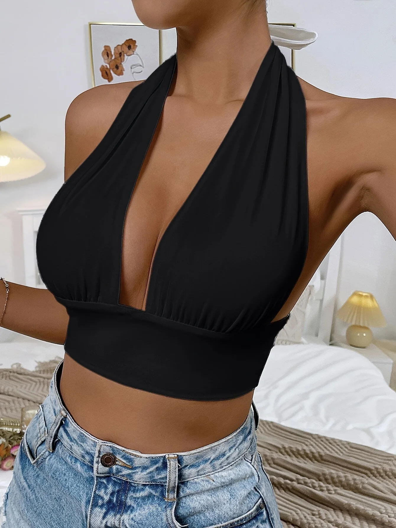 deanwangkt Solid V-neck Halter Crop Top, Vacation Style Backless Top For Summer, Women's Clothing - Deanwangkt