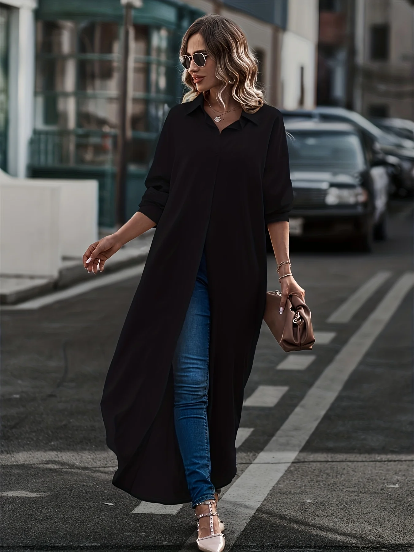 Button Front Long Length Shirt, Casual Long Sleeve Solid Shirt, Women's Clothing - Deanwangkt