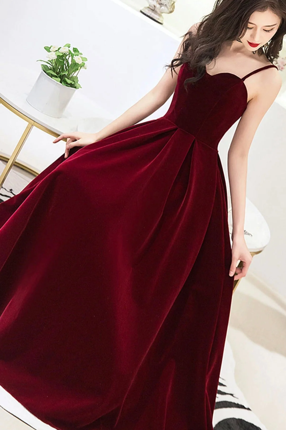 solvbao Burgundy Velvet A-Line Prom Dresses, Burgundy Evening Dresses - Deanwangkt