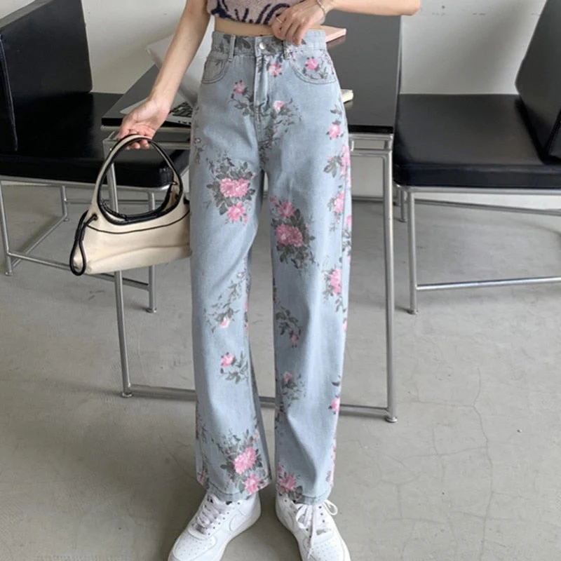 DEANWANGKT  Spring Fashion Women Rose Print Jeans Women Design Loose High Waist Straight Wide Leg Pants - Deanwangkt