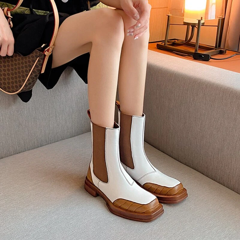 deanwangkt Autumn Boots     NEW Fall Shoes Women Genuine/Split Leather Boots for Women Square Toe Chunky Heel Women Shoes Mixed Colors Short Black Boots - Deanwangkt