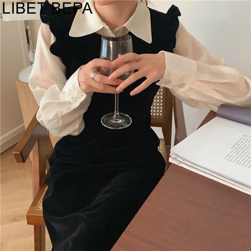 Joskka  New Women Spring Autumn Dresses Fashionable Elegant High Waist Vintage  Korean Style Velvet Sleeveless Long Dress - Deanwangkt