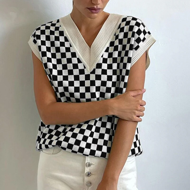 deanwangkt Ladies Autumn Winter Plaid Sweater Women Vest Pullover Casual Loose Streetwear Women Sweaters Knitted Female Waistcoat Chic Tops - Deanwangkt