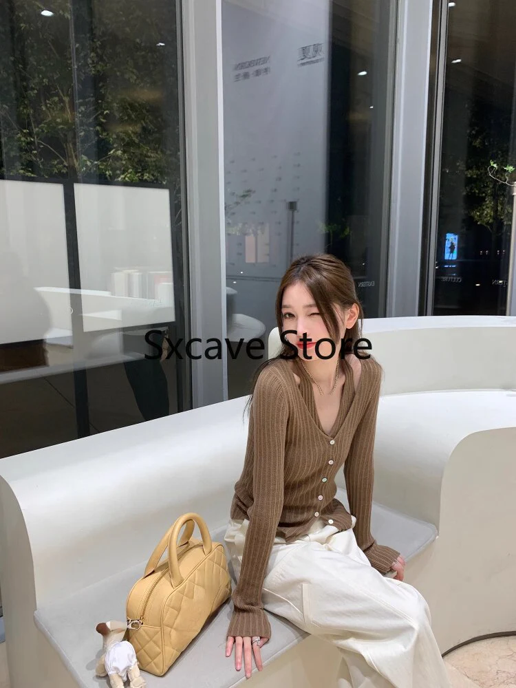 deanwangkt  Autumn V-Neck Knitted Cardigan Women Pure Color Casual Long Sleeve Slim Sweater Office Lady Y2k Crop Tops Female Korean - Deanwangkt