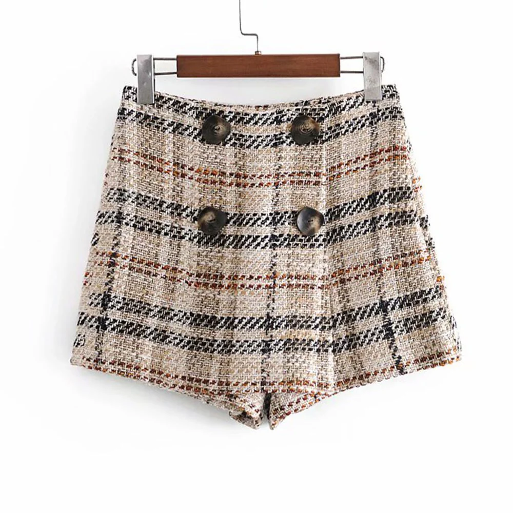 deanwangkt Women  New Fashion Double Breasted Tweed Check Blazer Coat Vintage Long Sleeve Female Outerwear+Casual shorts skirts Suit - Deanwangkt