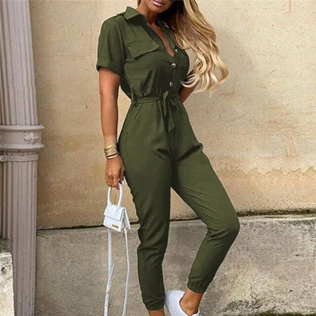 Elegant Solid Jumpsuit Women Summer  Deep V Neck Button Shirt Overalls Short Sleeve Office Lady One Piece Romper Belt - Deanwangkt