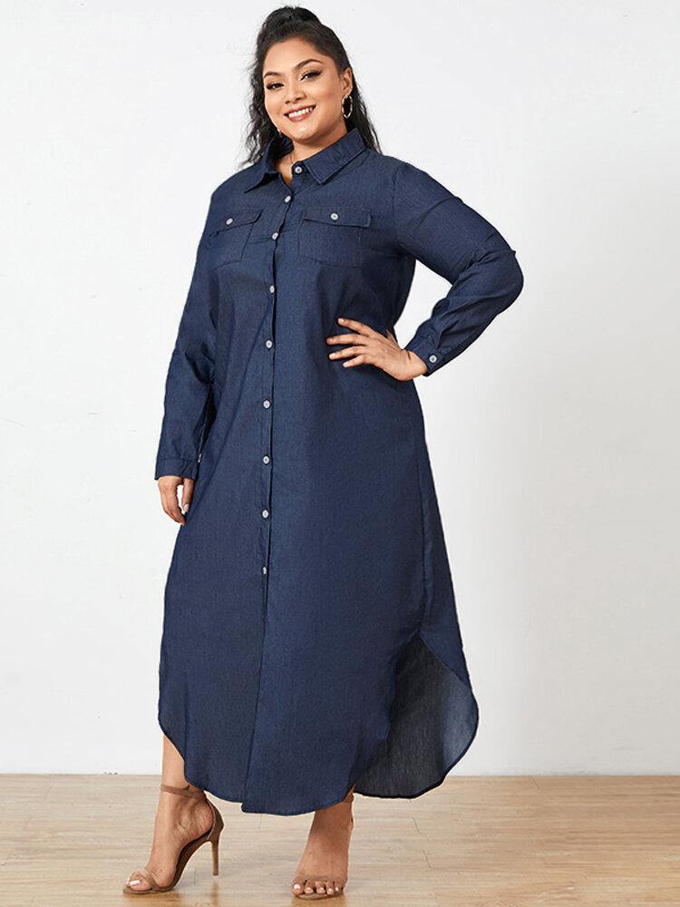 deanwangkt Casual Loose Button Front Irregular Split Hem Denim Maxi Shirt Dress with Front Pockets - Deanwangkt