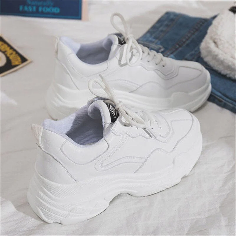 deanwangkt White Women Shoes New Chunky Sneakers For Women Lace-Up White Vulcanize Shoes Casual Fashion Dad Shoes Platform Sneakers Basket - Deanwangkt