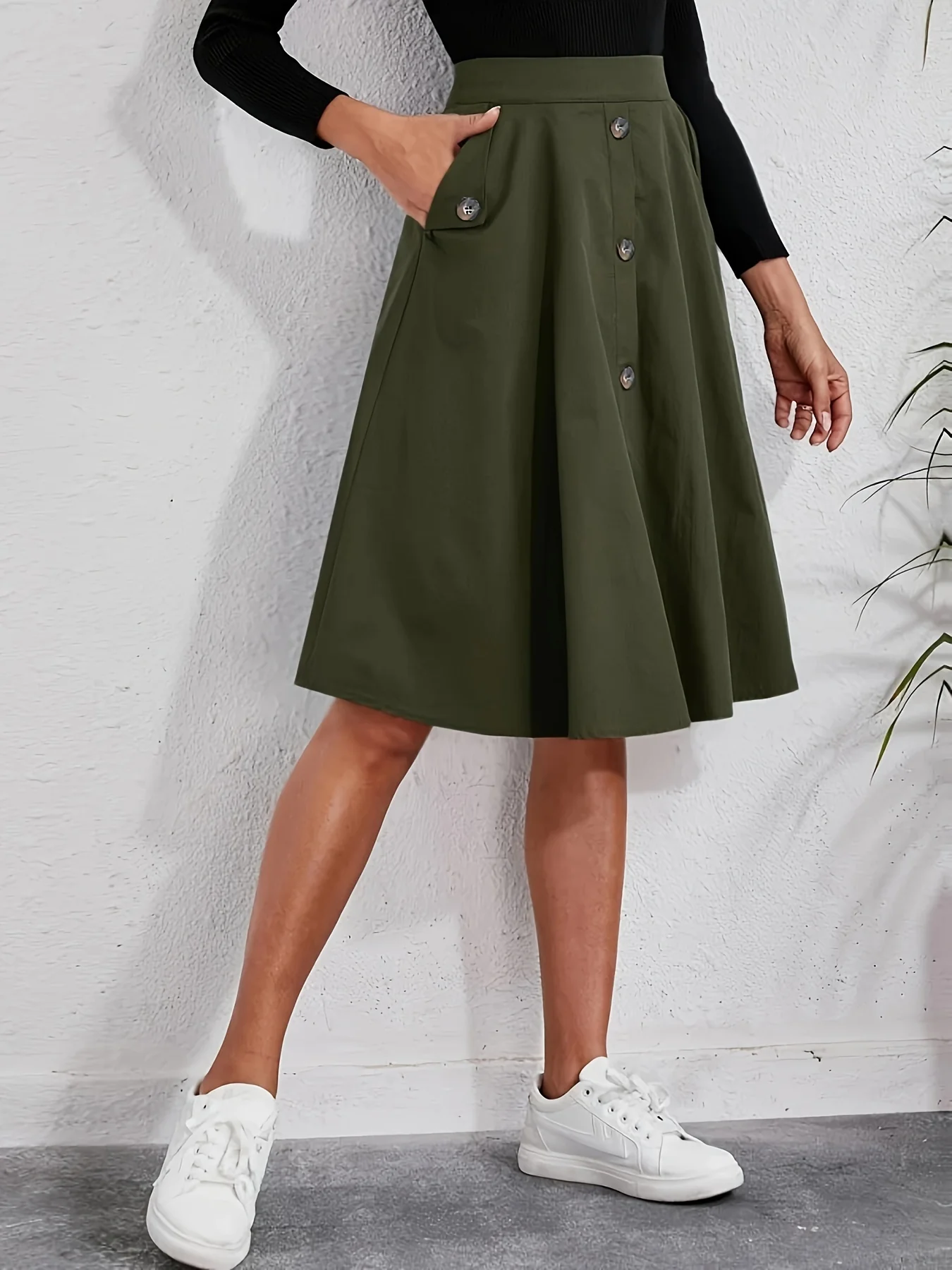 deanwangkt  Solid Button Front Pocket Ruffled Hem Skirts, Elegant Loose High Waist Flared Skirts, Women's Clothing - Deanwangkt