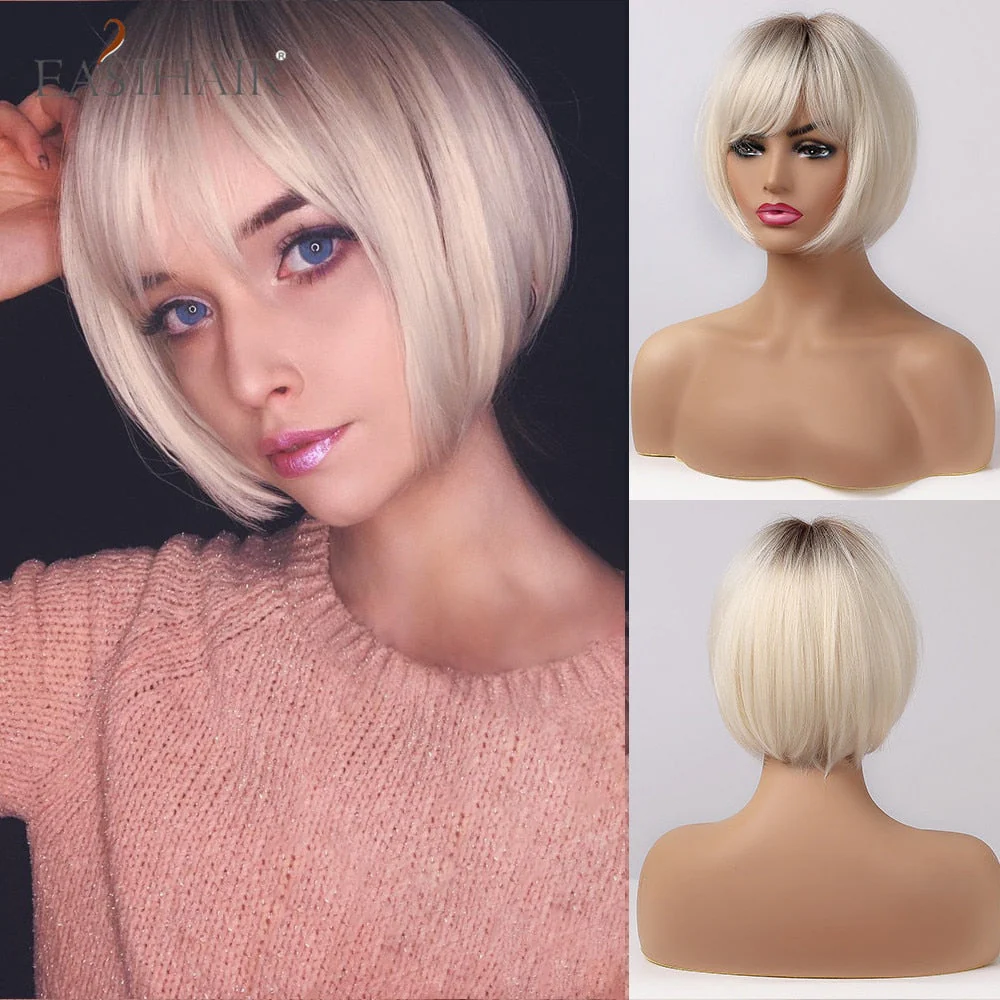 deanwangkt  Short Hair Wig With Bangs Pixie Cut Ombre Black Ash Light Blonde Synthetic Wigs For Women Cosplay Wigs Heat Resistant - Deanwangkt