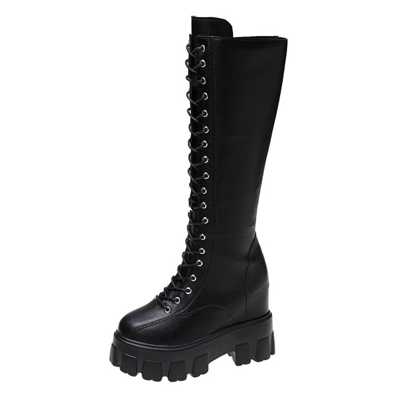 DEANWANGKT Women's Boots High Top  Chunky Platform Pu Over-the-Knee High Boots Women Retro Punk Increasing Long Shoes Woman Shoes - Deanwangkt