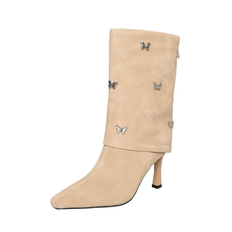 deanwangkt Autumn Shoes     Autumn Boots Women Cow Suede Leather Shoes for Women Square Toe Trouser Boots Bow-knot Thin Heel Shoes Black Western Boots - Deanwangkt