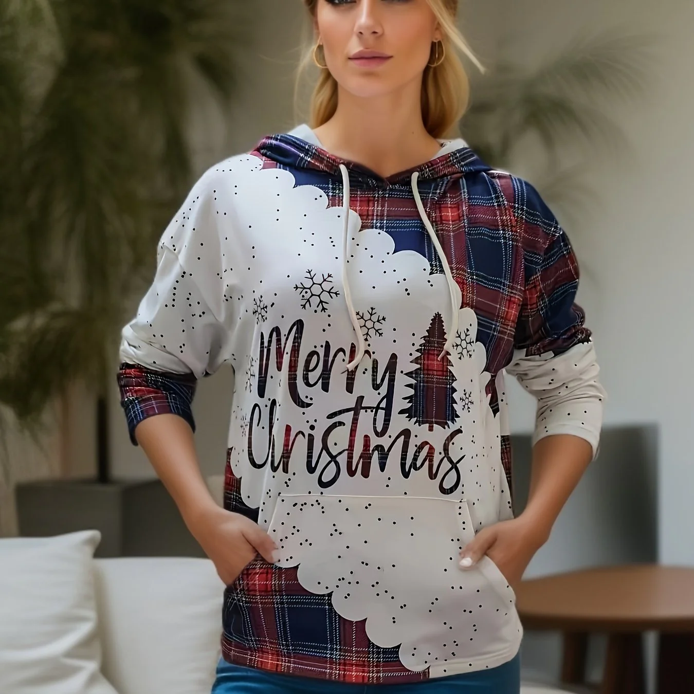 Christmas Tree & Letter Print Drawstring Hoodie, Casual Long Sleeve Kangaroo Pocket Hoodie Sweatshirt, Women's Clothing - Deanwangkt