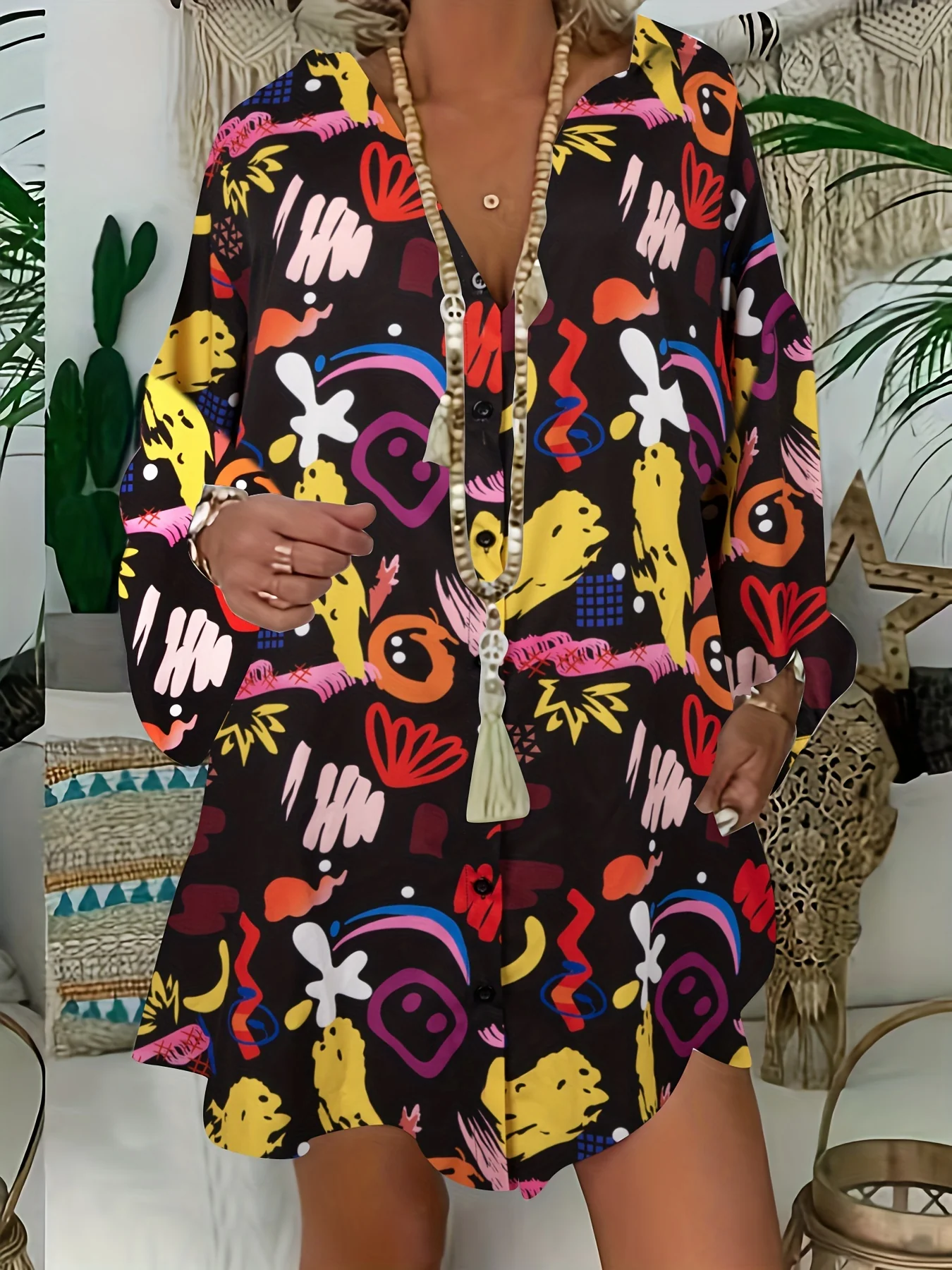 Plus Size Casual Blouse, Women's Plus Graffiti Print Long Sleeve Turn Down Collar Slight Stretch Longline Shirt Top - Deanwangkt