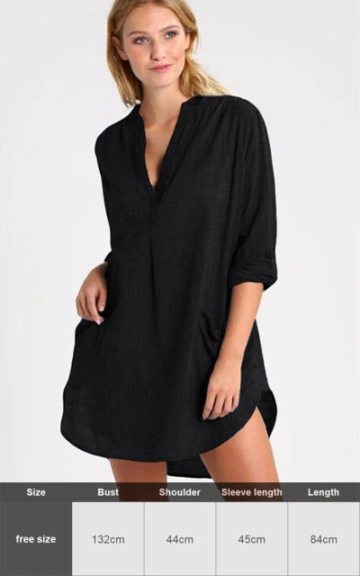 Sexy New Shirt Beach Up White Beach Dress Loose Blouse Tunic Pocket Long Sleeve Swimsuit Cover Up Casual Beachwear - Deanwangkt