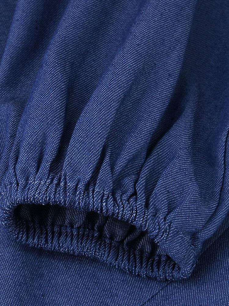 deanwangkt Women Denim Irregular Ruffle Hem Puff Sleeve Belted V-Neck Midi Dress - Trendy and Chic - Deanwangkt