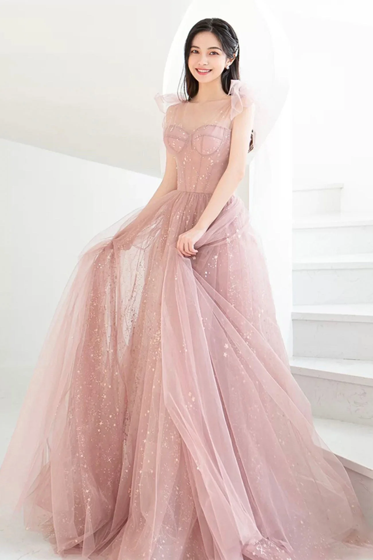 solvbao Pink Tulle Long A-Line Prom Dresses, Pink Evening Dresses - Deanwangkt