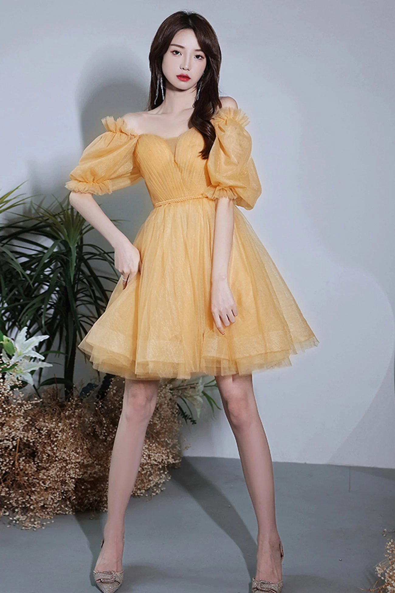 solvbao Yellow Tulle Short A-Line Prom Dress, Yellow Party Dress - Deanwangkt