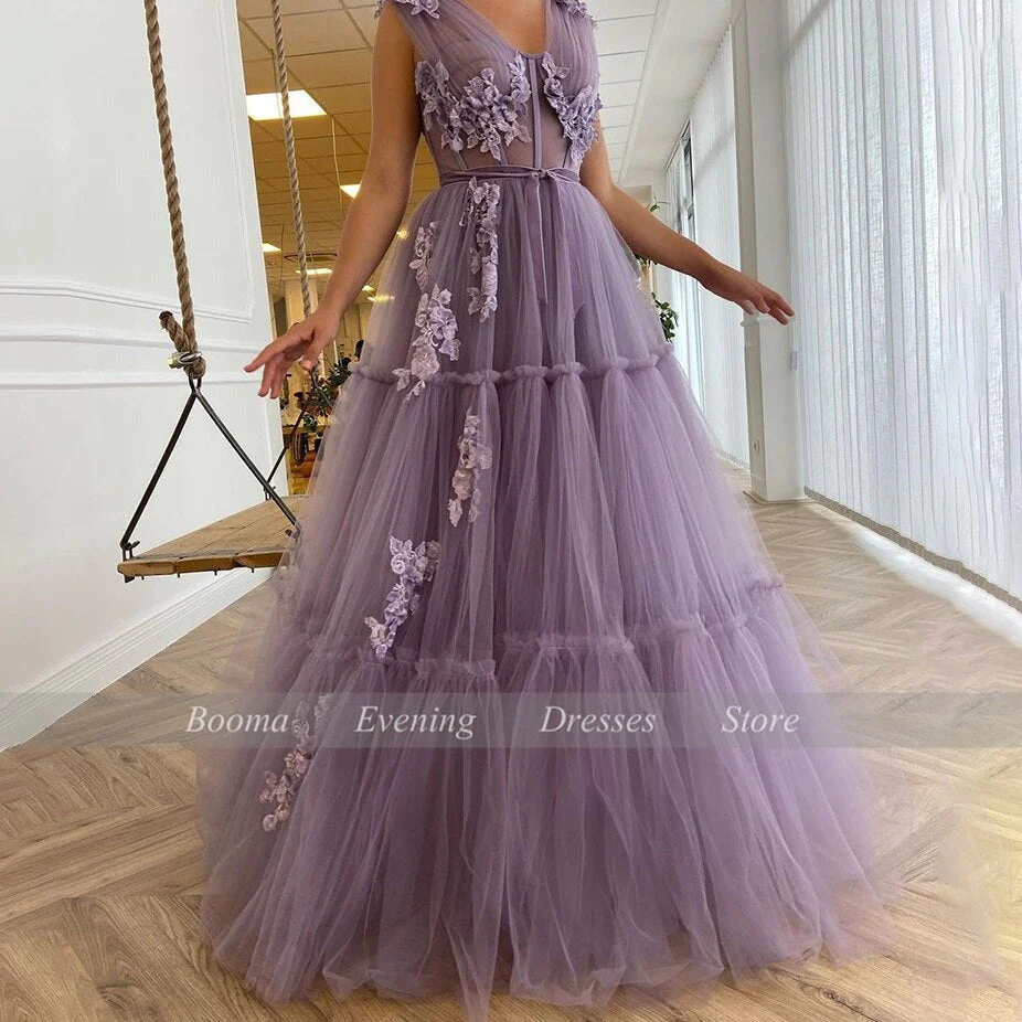 DEANWANGKT V-Neck Purple Prom Dresses Sequin Appliques Exposed Boning A-Line Prom Gowns Sleeveless Tiered Tulle Formal Party Dresses - Deanwangkt