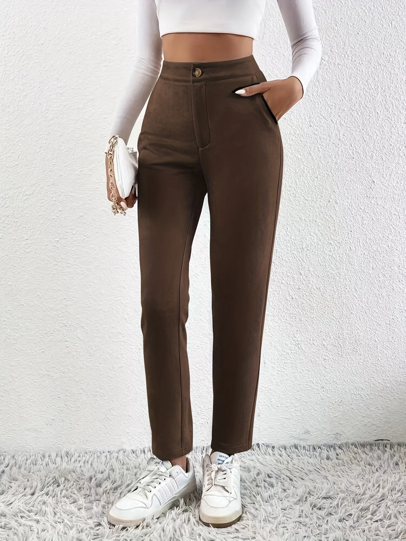 deanwangkt-1  Solid High Waist Pants, Casual Versatile Long Length Work Office Pants, Women's Clothing - Deanwangkt