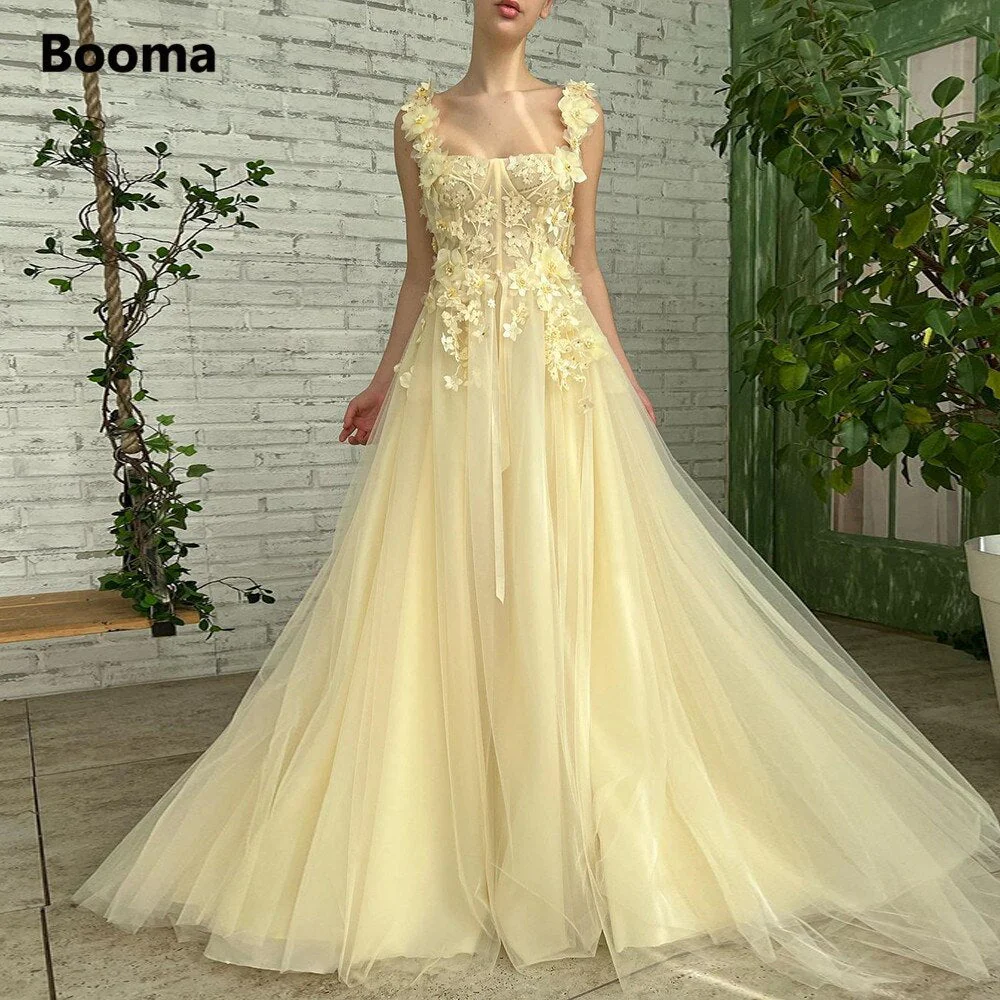 Light Yellow Tulle Maxi Prom Dresses Spaghetti Straps Flowers Appliques A-Line Wedding Party Dresses Formal Evening Gowns - Deanwangkt