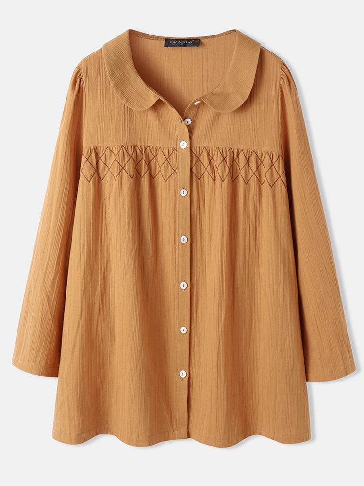 deanwangkt Casual Plain Lapel Collar Long Sleeve Cotton Solid Color Pleated Shirts For Women - Deanwangkt