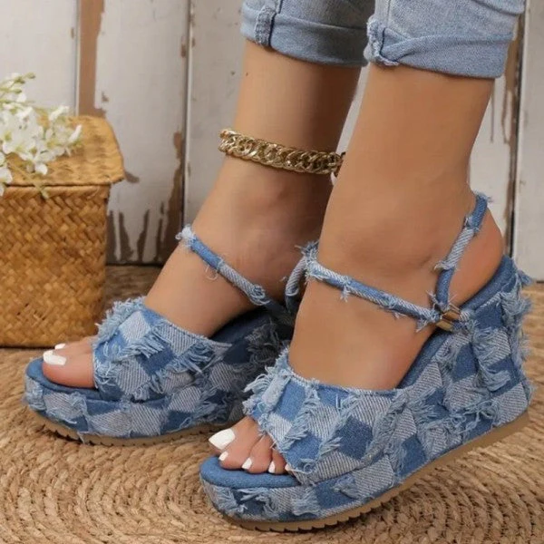 deanwangkt - Light Blue Casual Patchwork Fish Mouth Out Door Wedges Shoes - Deanwangkt