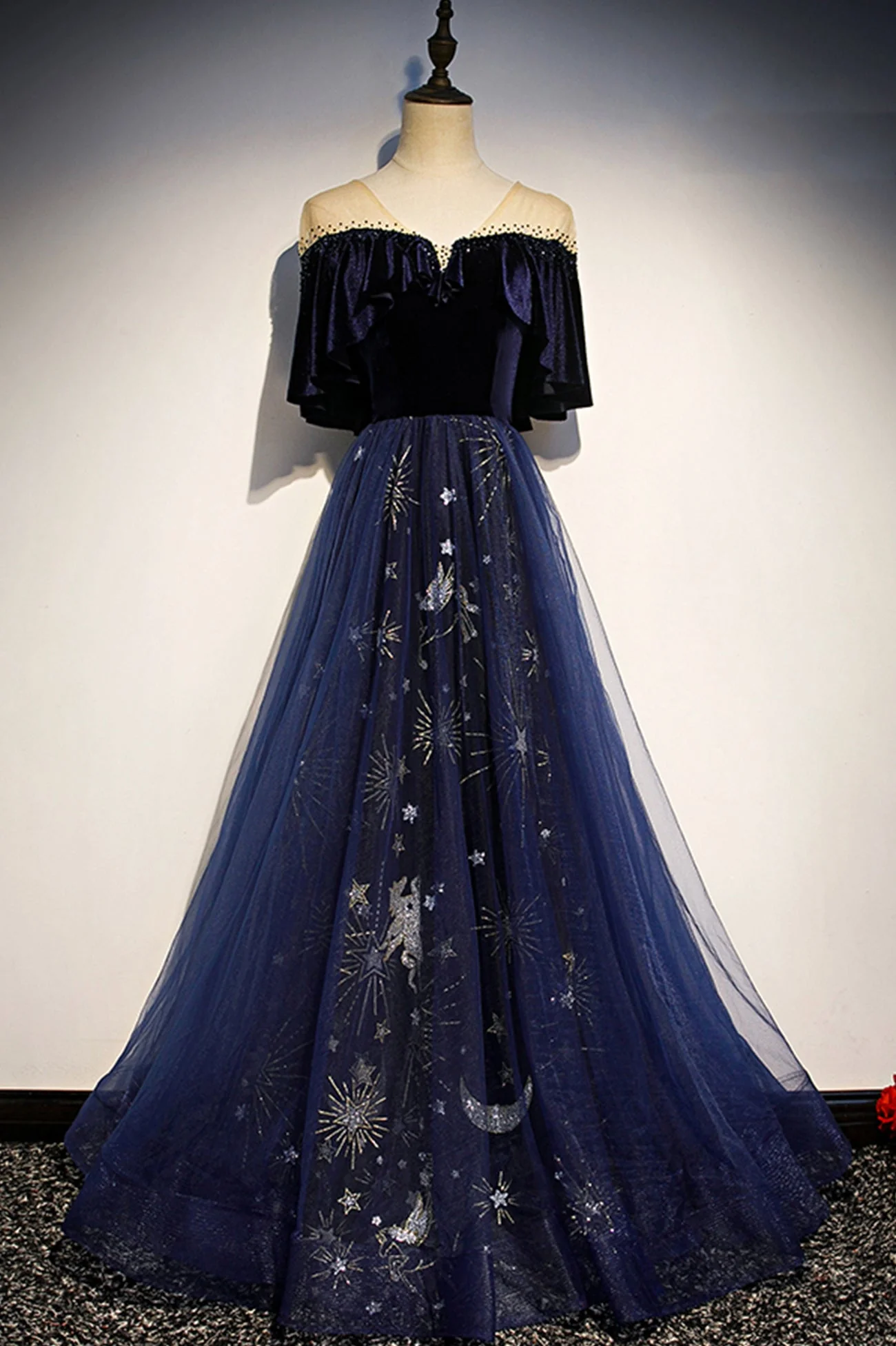 solvbao Blue Velvet Tulle Long Prom Dresses, Blue Formal Evening Dresses - Deanwangkt