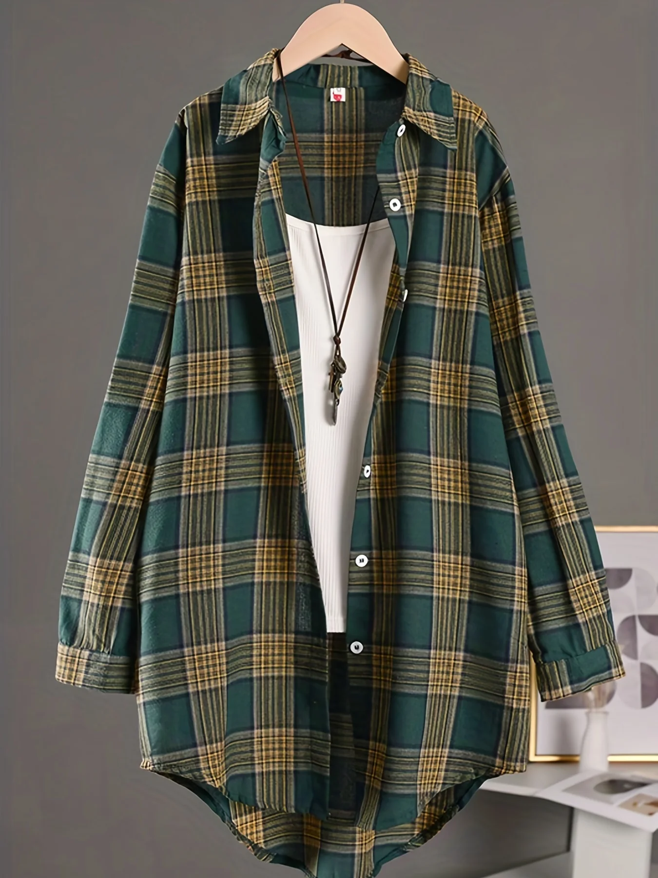 Plaid Print Polo Collar Shirt, Casual Long Sleeve Shirt For Spring & Fall, Women's Clothing - Deanwangkt