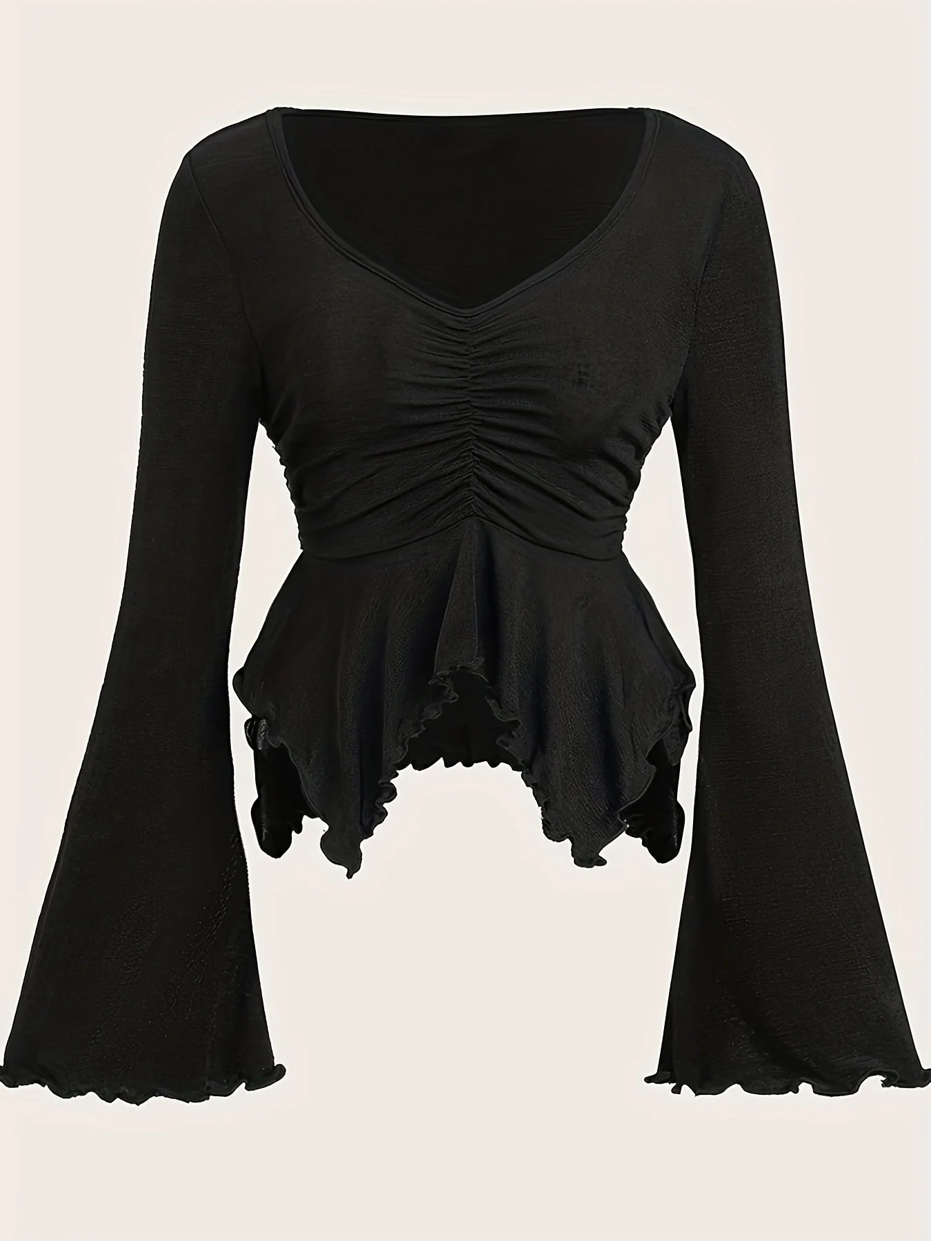 deanwangkt  Lettuce Trim Cinched Waist Ruched Top, Asymmetric Hem Bell Sleeve Top For Spring & Fall, Women's Clothing - Deanwangkt