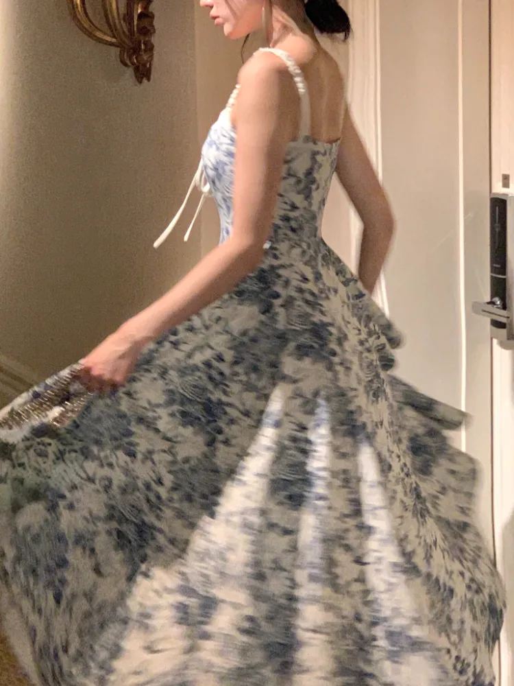 Joskka French Floral Strap Midi Dress Woman Elegant Sleeveless Even Party Dress Office Lady  Summer Beach Casual Korean Style Dress - Deanwangkt