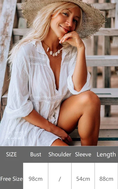 Sexy New Shirt Beach Up White Beach Dress Loose Blouse Tunic Pocket Long Sleeve Swimsuit Cover Up Casual Beachwear - Deanwangkt