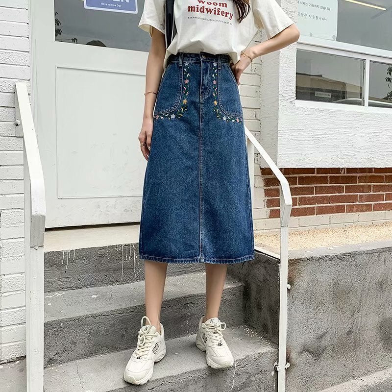 deanwangkt  New Denim Skirt Women's Spring And Autumn Design Sense Mid-length High Waist Large Size Slim Embroidered Long Skirt - Deanwangkt