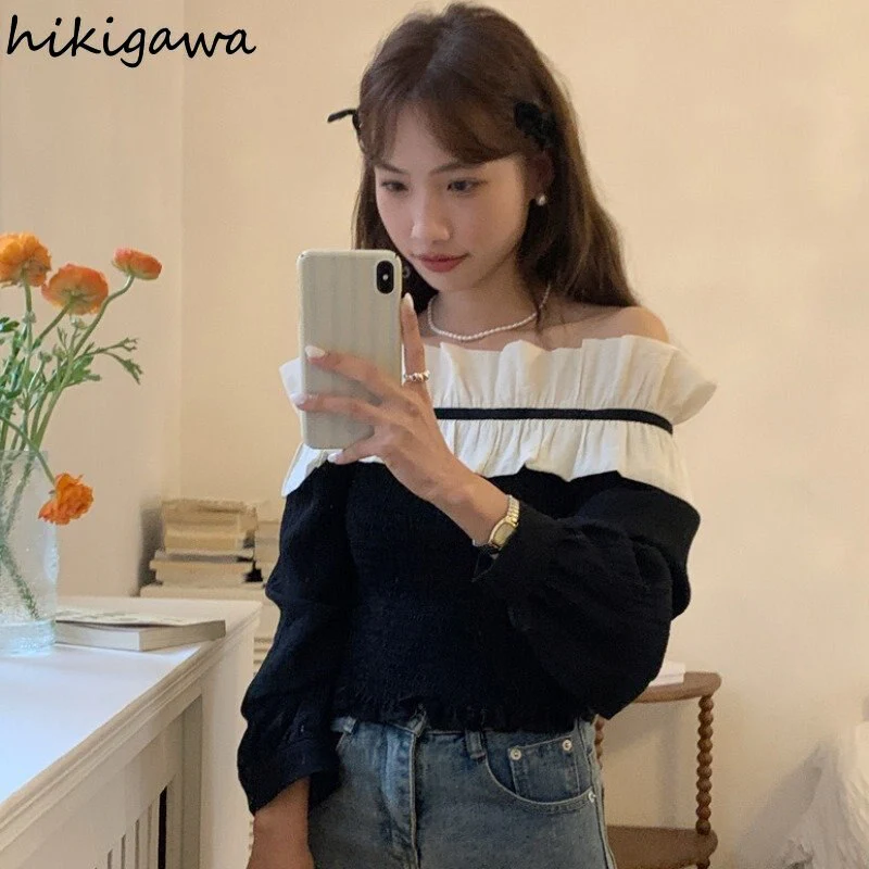 deanwangkt Blusas De Mujer Sexy Slash Neck Blouse for Women Temperament Tops Female Fashion Ruffles Slim Sweet Korean Blouses Shirt - Deanwangkt