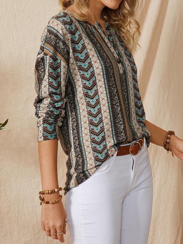 deanwangkt Striped Floral Print O-neck Long Sleeve Casual Blouse For Women - Deanwangkt