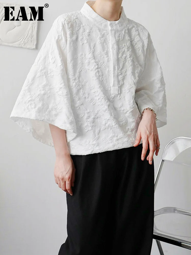 deanwangkt Women White Jacquard Big Size Blouse New Stand Collar Three-quarter Sleeve Shirt Fashion Tide Spring Autumn  1DF0855 - Deanwangkt