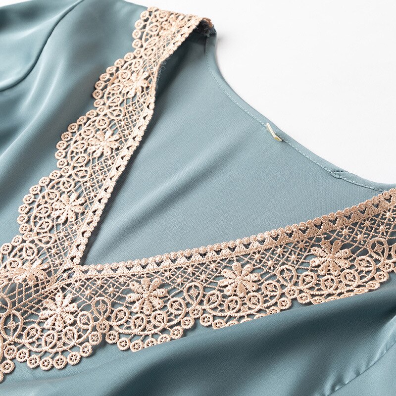 deanwangkt Nightwear Pyjamas Pajamas Set Satin Long Sleeve Women 2 Piece pjs sets Casual Lace Sleepwear Shirt&Pants Silky Intimate Lingerie - Deanwangkt