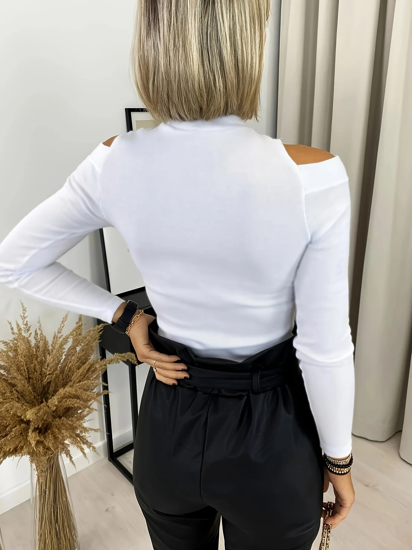 deanwangkt-1 Contrast Floral Lace Mock Neck T-Shirt, Casual Cold Shoulder Long Sleeve Top For Spring & Fall, Women's Clothing - Deanwangkt