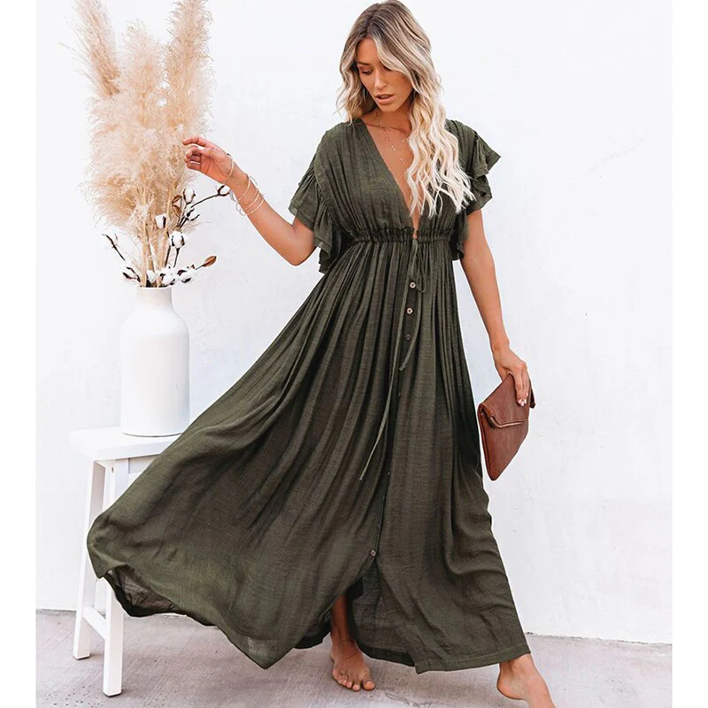 deanwangkt   Sexy Boho Dress Beach Cover Up Kaftan Women Long Beachwear Solid V Neck Ladies Holiday Dress Robe Plage Sarong Beach Pareos - Deanwangkt