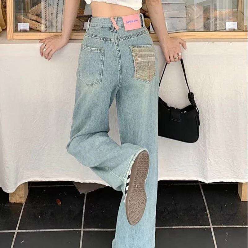 deanwangkt Baby Blue Loose Straight Jeans Women's High Waist Thin Summer Thin Design Tassel Versatile Wide Leg Pants Trend - Deanwangkt