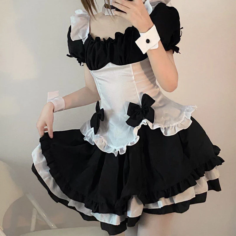 deanwangkt Lolita Dress Black White Kawaii Maid Mini Dresses Summer French Cute Bowknot Cosplay Costume Waitress Party Outfits - Deanwangkt