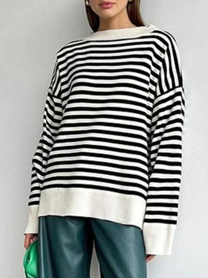 deanwangkt - Stripe Drop Shoulder Slit Loose Sweater - Deanwangkt