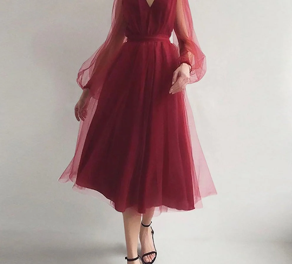 Graduation dress Short A Line Prom Dresses V Neck Long Puff Sleeve Tulle Formal Wedding Evening Party Dresses For Graduation Vestidos De Fiesta - Deanwangkt