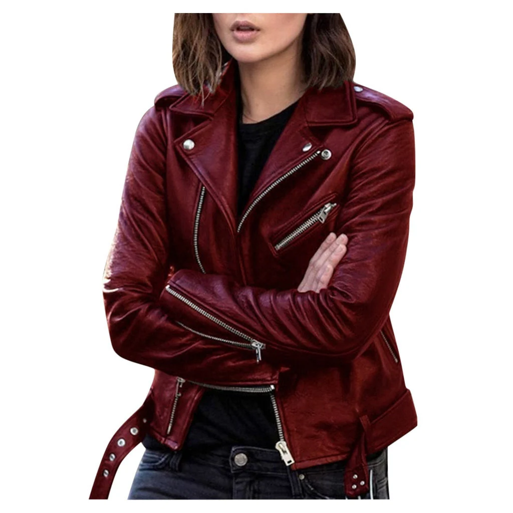 deanwangkt Women Faux Leather Jacket  Fall New Long Sleeve Zipper Fitted Coat Fall Short Jacket Solid Lapel Female Moto Biker Jackets - Deanwangkt