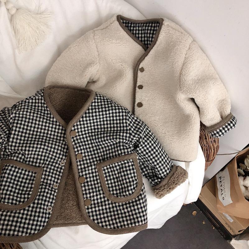 deanwangkt Autumn and Winter New Warm Jacket Children Two Sides Wear Plaid Plush Jacket Kids Jackets - Deanwangkt
