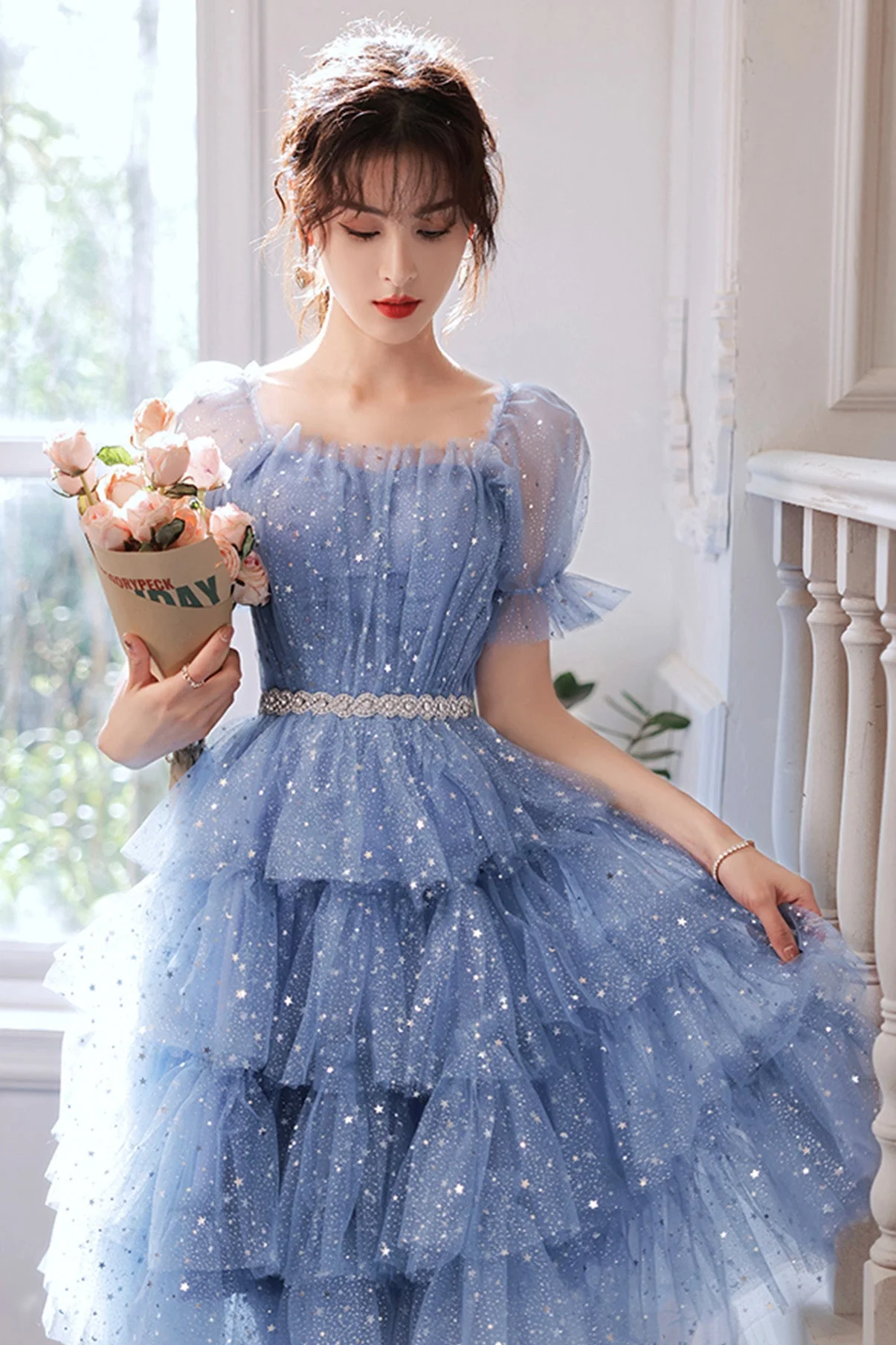 solvbao Blue Tulle Short A-Line Prom Dresses, Blue Mini Party Dresses - Deanwangkt