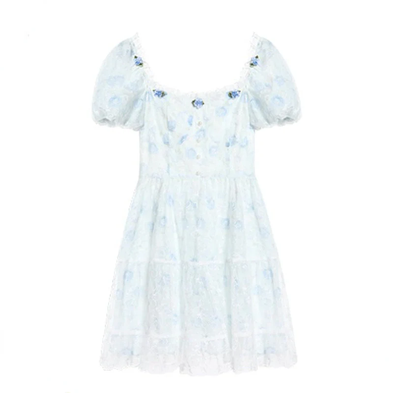 deanwangkt  Floral Lace Korean Sweet Dress Women France Vintage Elegant Party Mini Dresses Female Print Casual Beach Boho Fairy Dress Summer - Deanwangkt