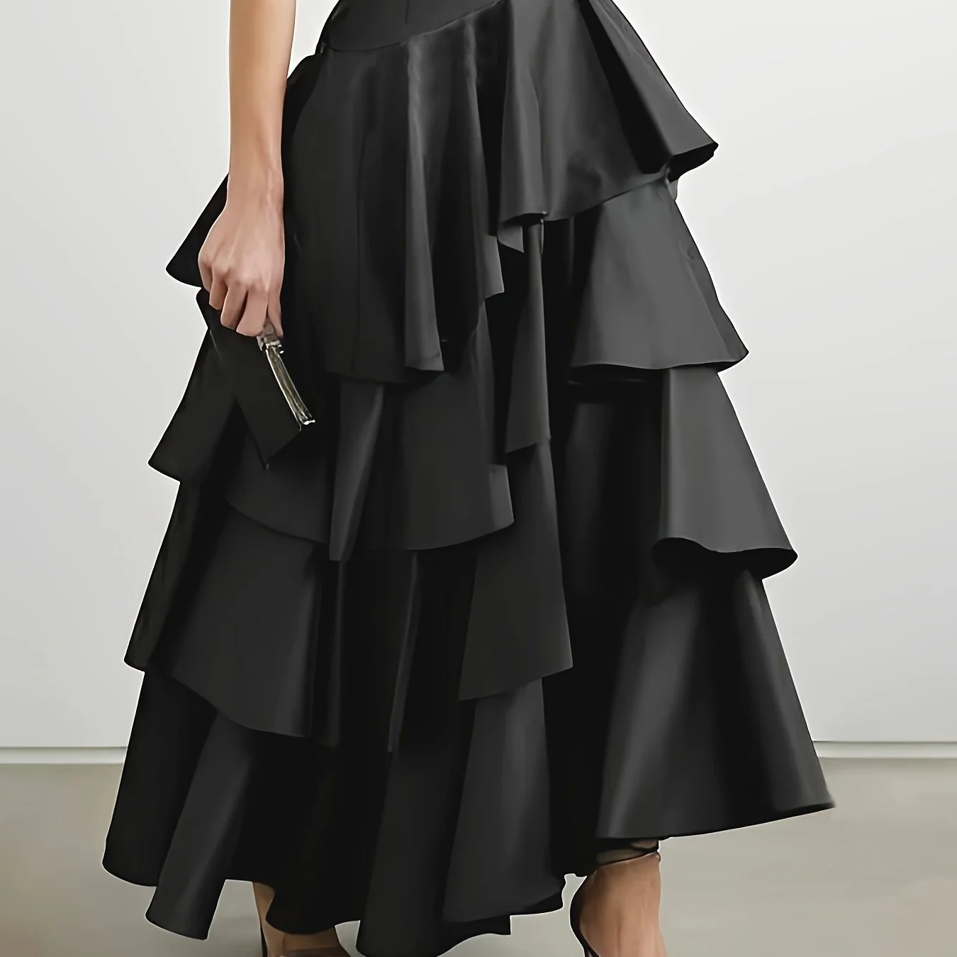 deanwangkt Layered Ruffle Asymmetrical Hem Skirt, Elegant High Waist Skirt For Fall & Winter, Women's Clothing - Deanwangkt